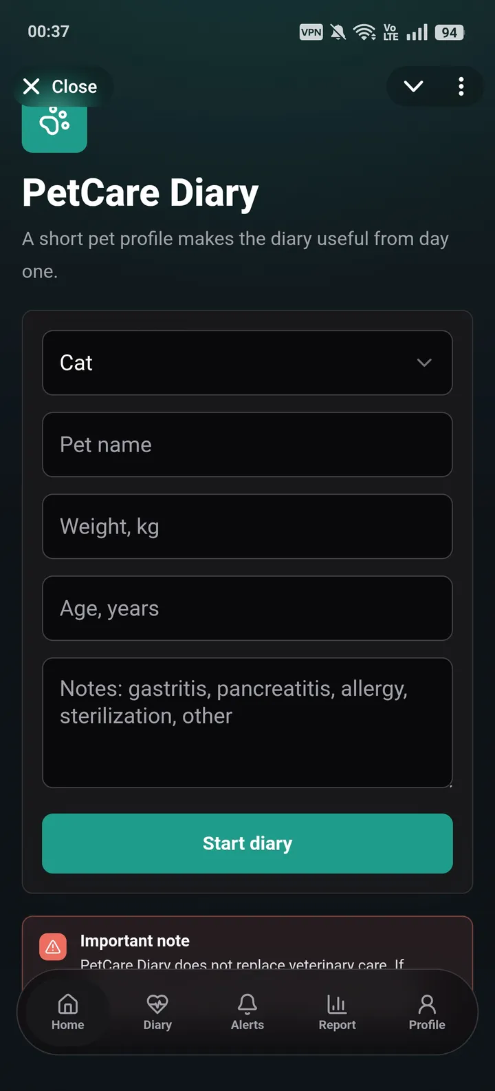 PetCare Diary screenshot 1
